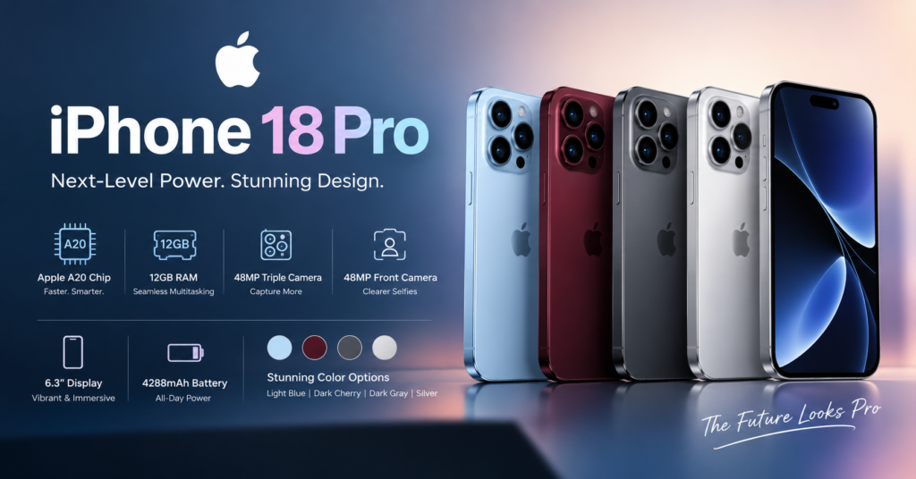 Discover the Apple iPhone 18 Pro rumors, including the A20 chip, 12GB RAM, 48MP cameras, 6.3-inch display, battery, and new colors.