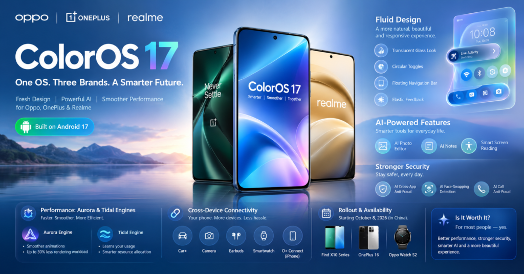 ColorOS 17 brings Fluid Design, a floating island and big AI upgrades. See the features, supported phones and rollout dates.