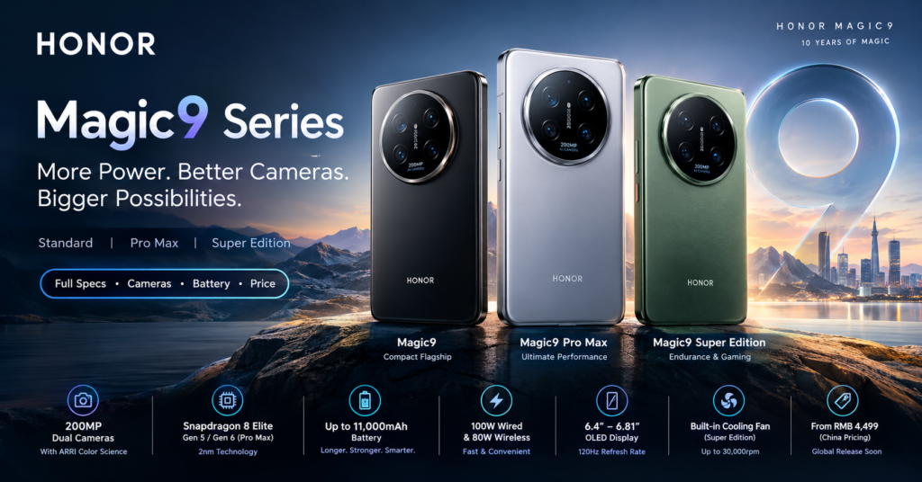 Honor Magic9 launched in China with 200MP cameras and huge batteries. See specs, prices and differences across all three models.