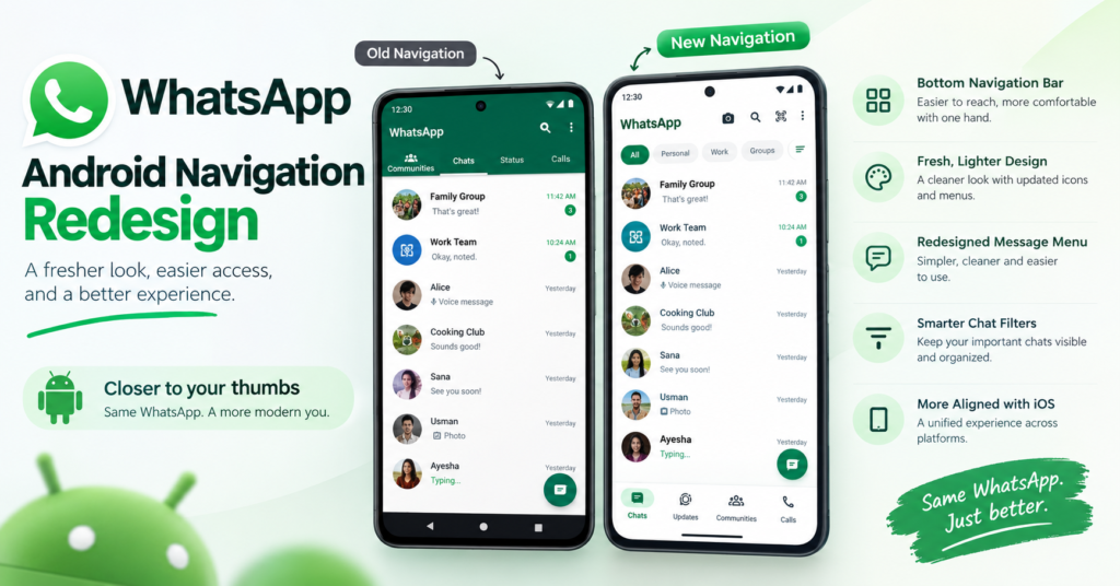 See how WhatsApp's Android navigation redesign moved tabs to the bottom, refreshed menus, and made one-handed chatting easier.