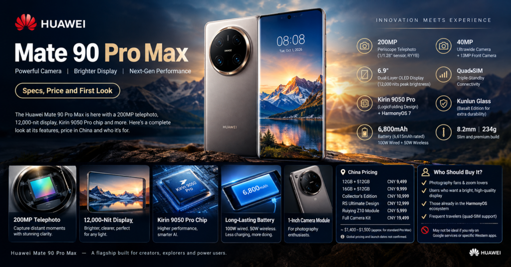 Huawei Mate 90 Pro Max is here. See its 200MP telephoto, 12,000-nit display, Kirin 9050 Pro chip, China pricing and who it suits.