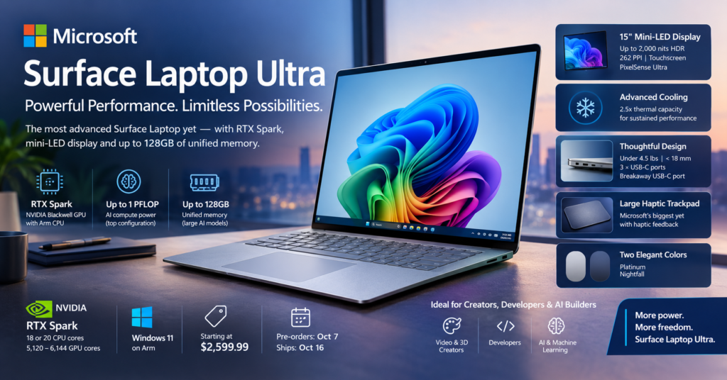 Microsoft Surface Laptop Ultra is here. See its RTX Spark specs, mini-LED display, $2,599 price, October 16 release, and who should buy it.