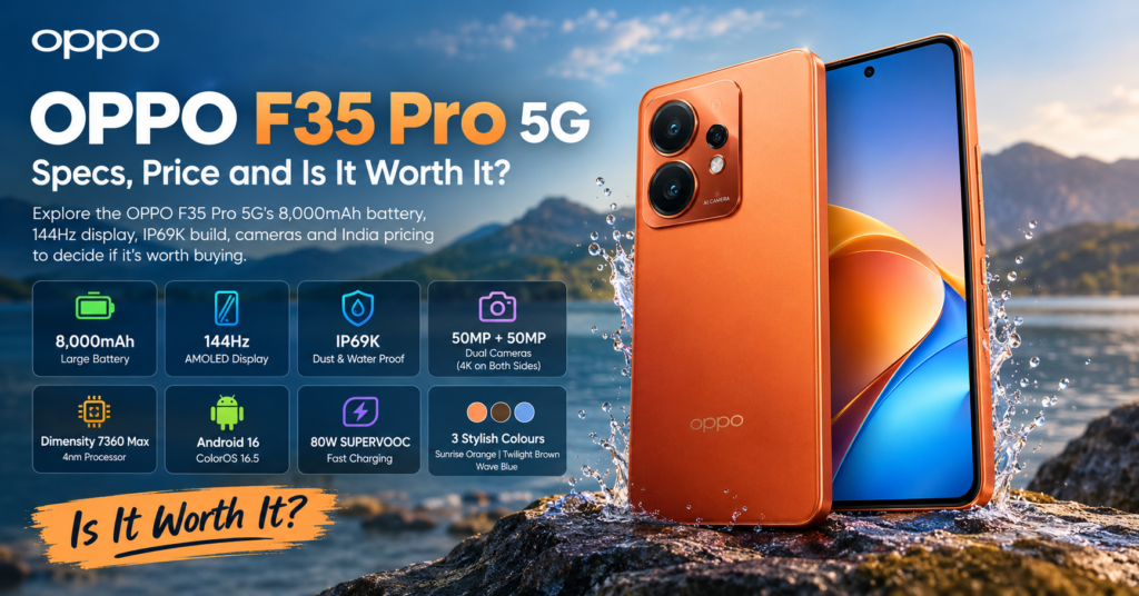 Explore the OPPO F35 Pro 5G’s 8,000mAh battery, 144Hz display, IP69K build, cameras and India pricing to decide if it’s worth buying.