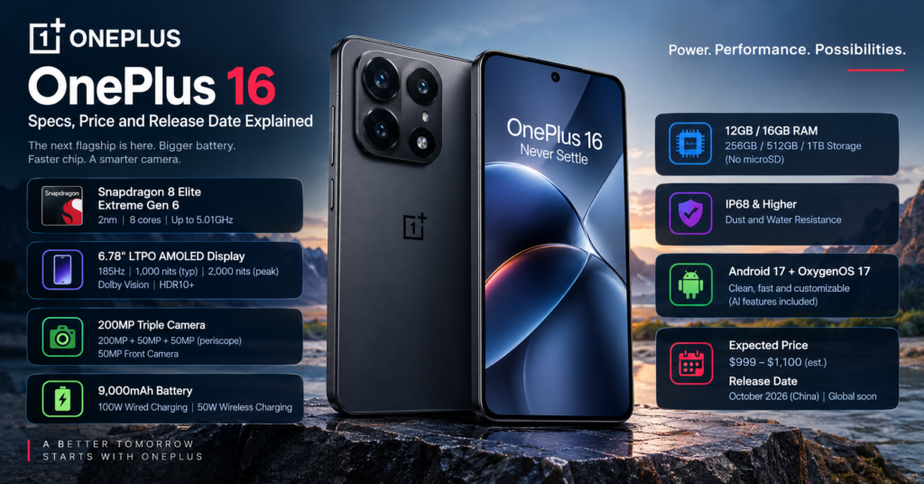Explore the OnePlus 16: Snapdragon 8 Elite Extreme Gen 6, a 9,000mAh battery, 200MP camera, expected price and launch details.